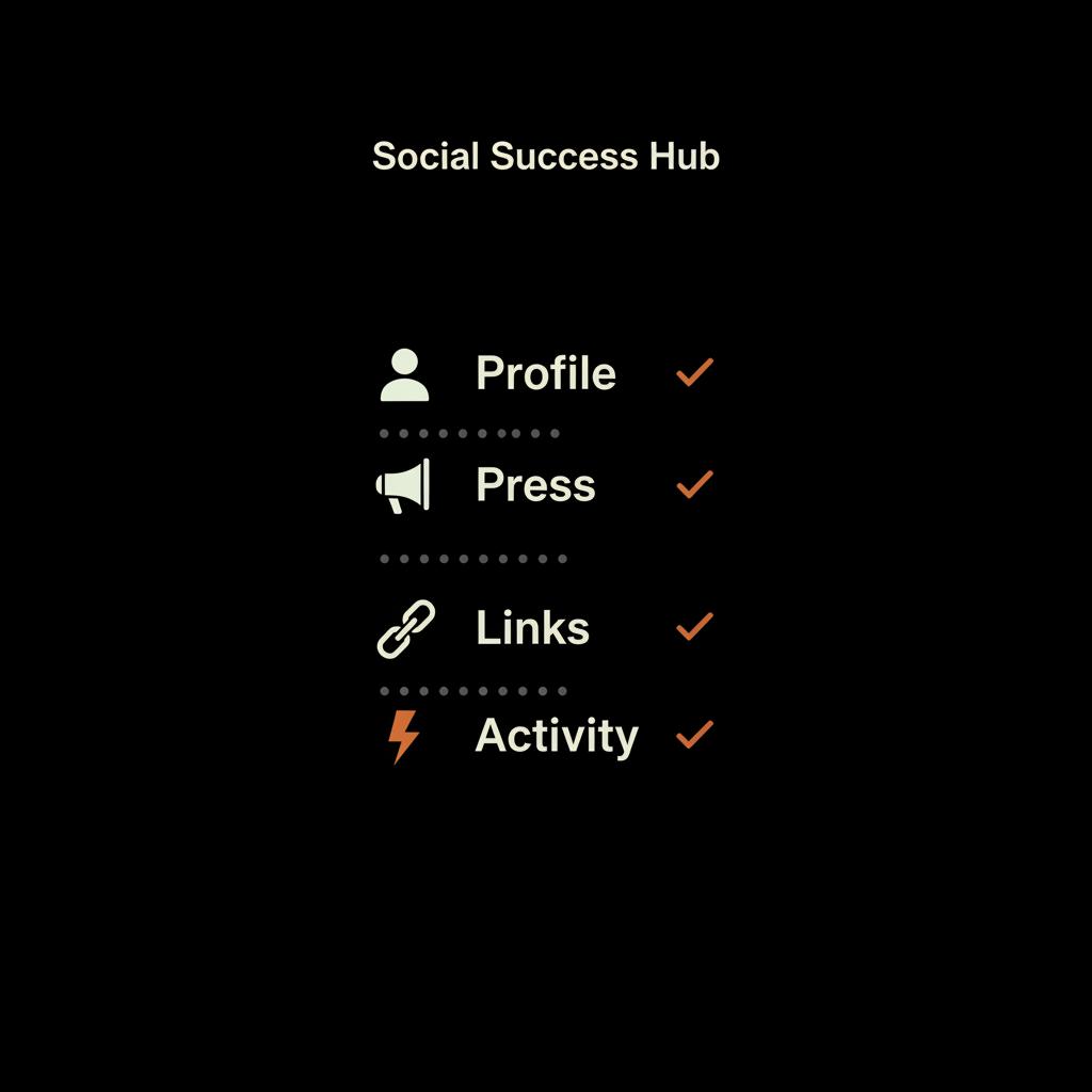 Minimal full-frame infographic checklist showing profile, press, links, activity icons for how to get verified on Instagram, using brand colors #000000, #edf1e9, #dc5c2b.