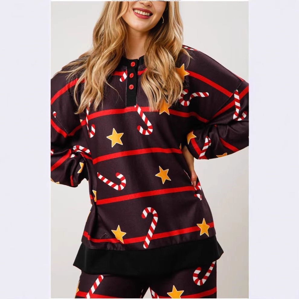 Ladies' loungewear set, long-sleeved, with button placket and print