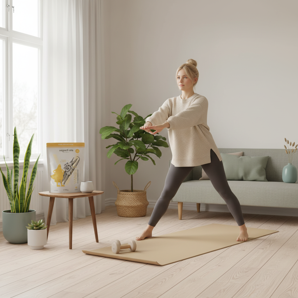 Minimalistisches Heim-Workout im hellen Wohnzimmer mit Yogamatte, skandinavischem Stil, Winterlicht, Pflanzen und dem Produkt aus den Referenzfotos. Welche Lebensmittel gehören zur pflanzlichen Ernährung?