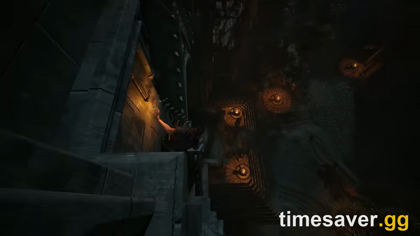 A torchlit stone fortress in Vale Sangora at night in The Blood of Dawnwalker — the day/night cycle whose 30-day time budget is what makes content missable