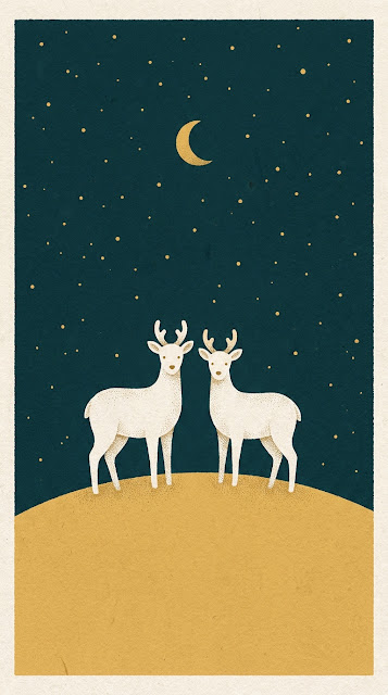 Two White Deer on Golden Grassy Hill Under Night Sky - Free mobile Wallpaper