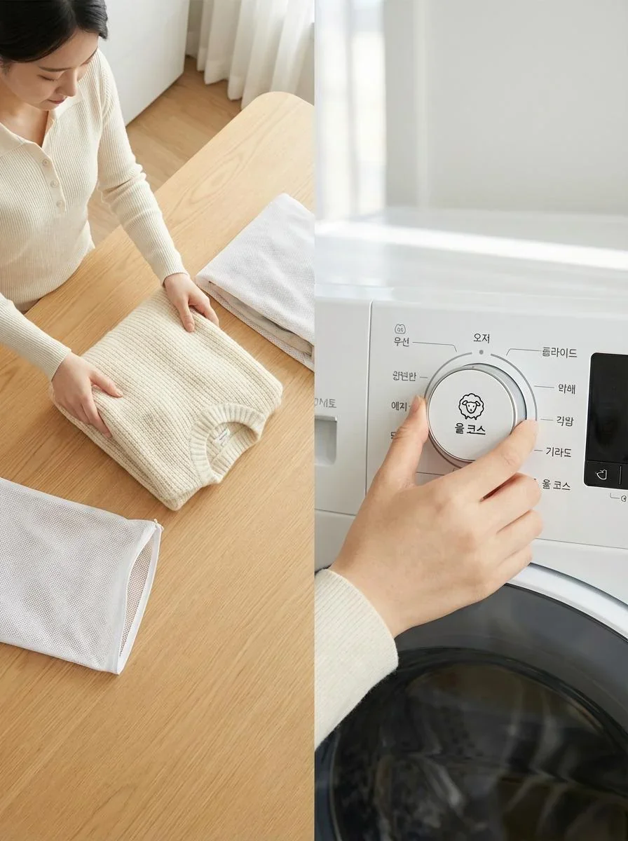 케어라벨 확인 및 손세탁 과정