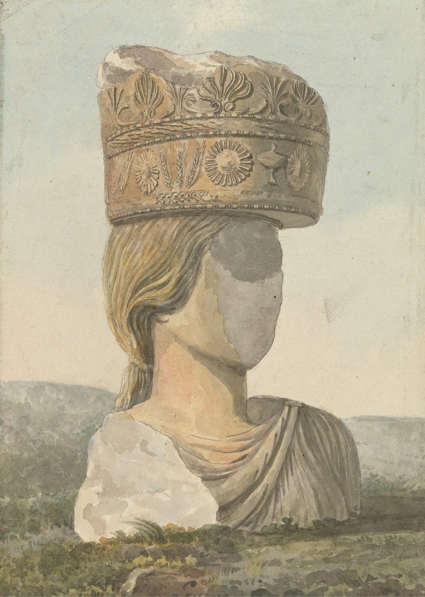 Faceless Bust of Statue Supporting a Broken Capital on Her Head ca 1785