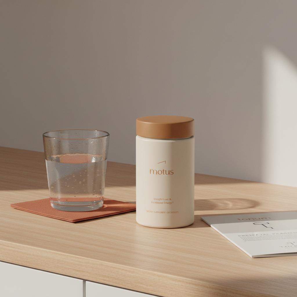 Close-up still-life of a Metamucil-style container, glass of water and folded prenatal pamphlet on a tidy counter in soft daylight — Metamucil during pregnancy