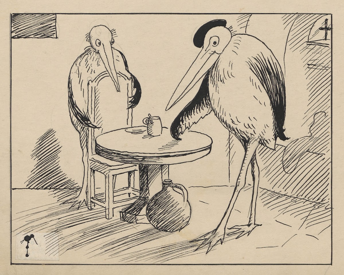 Two storks pose like the painting Christian II at Sønderborg Castle 1917