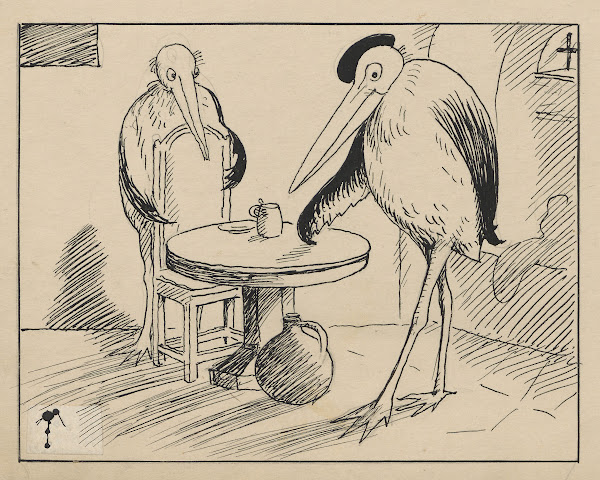 Two storks pose like the painting Christian II at Sønderborg Castle 1917