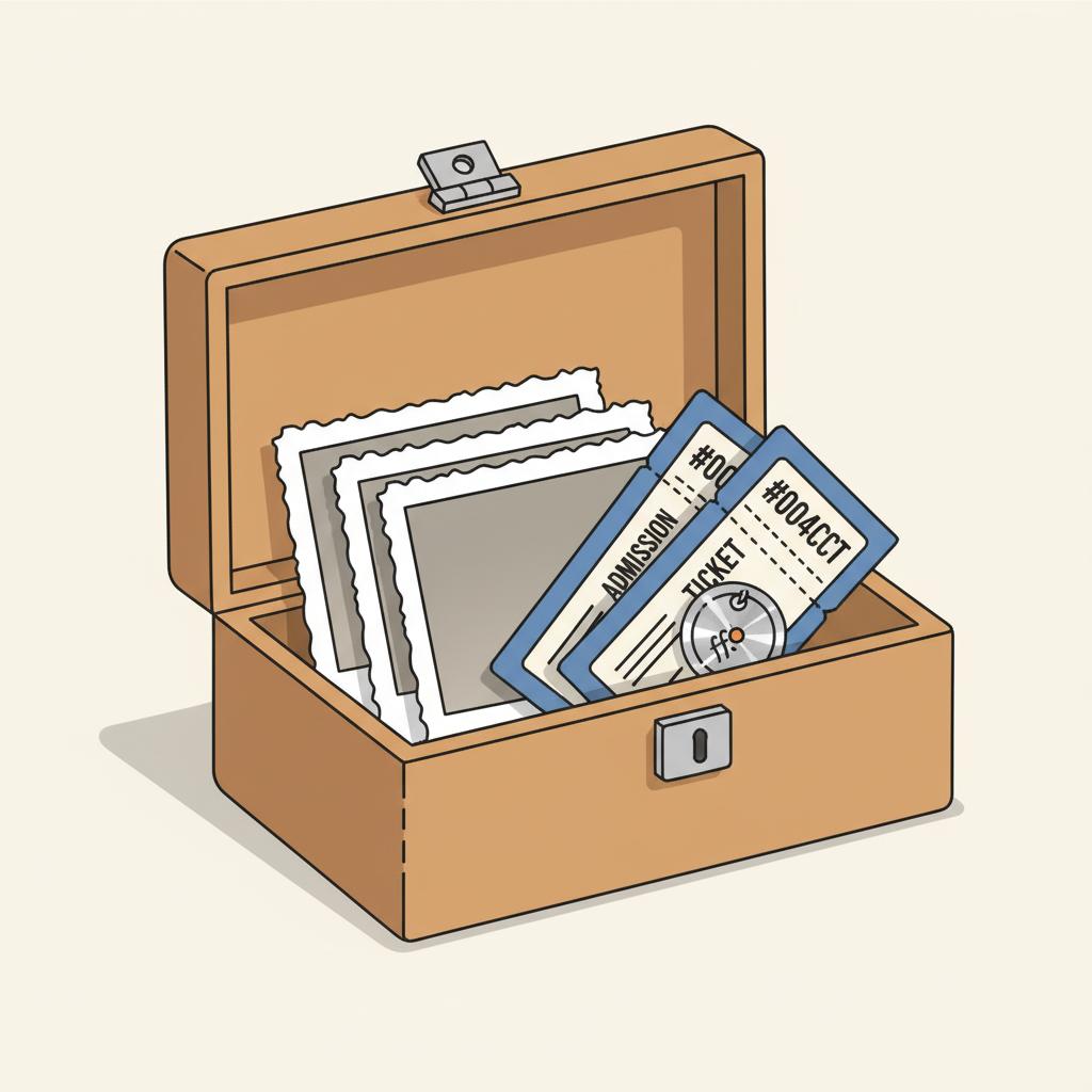 Nahaufnahme einer minimalistischen 2D-Vektor-Erinnerungsschachtel mit Fotos, Eintrittskarten und graviertem Metallanhänger auf hellem Hintergrund, zuneigung zeigen