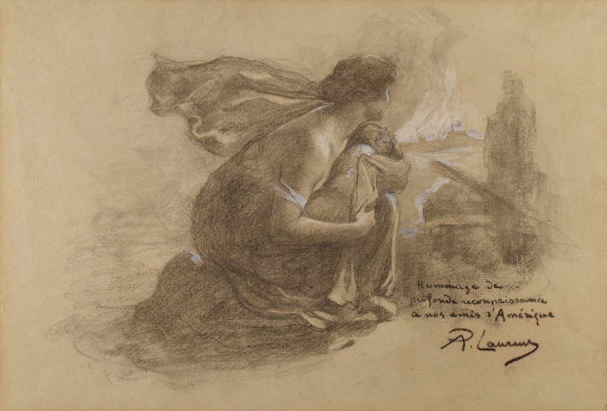 Mother and child and burning village