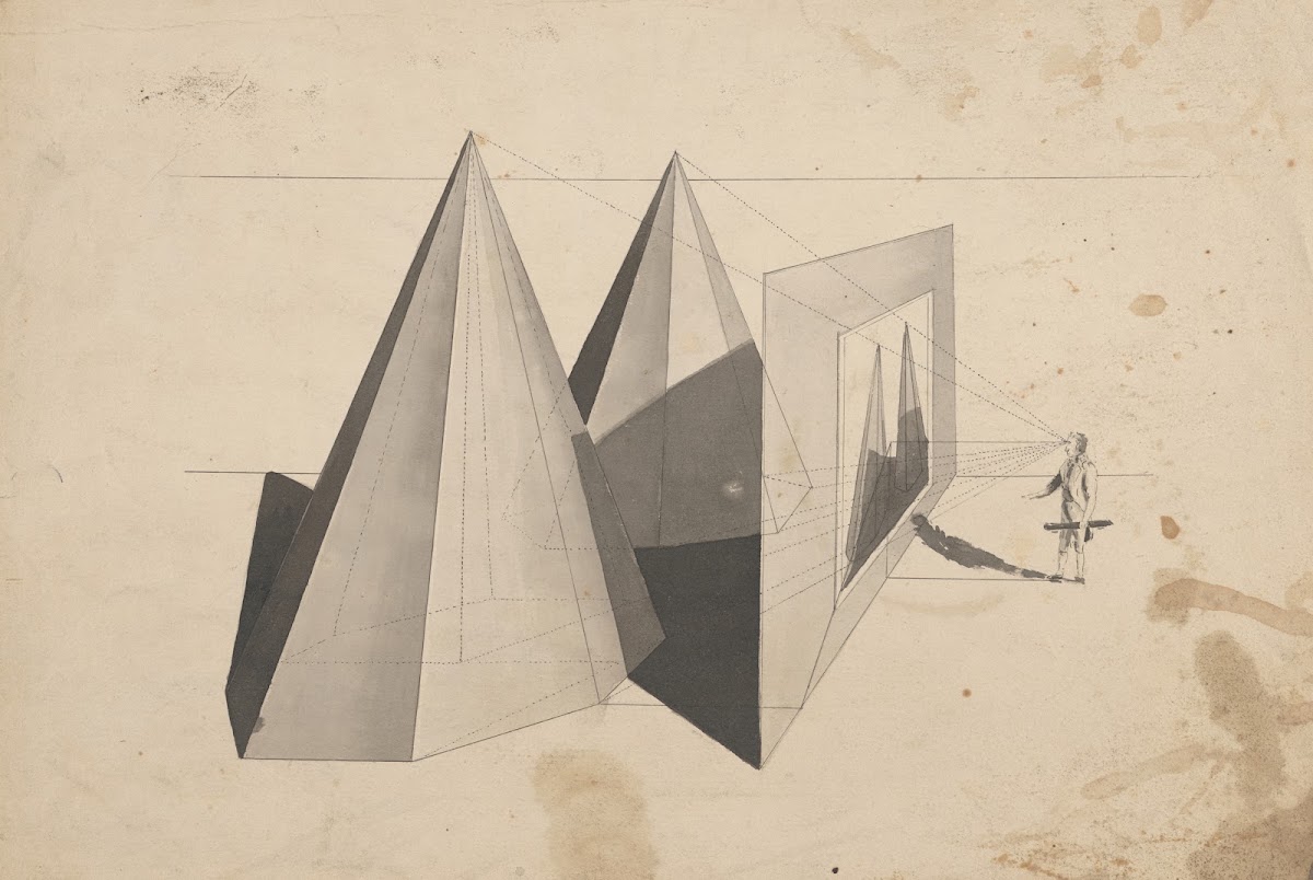 Architectural perspective drawing with shapes at left and man standing at right
