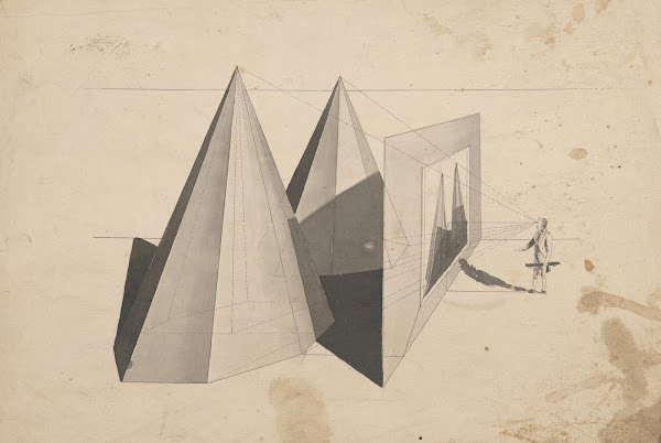 Architectural perspective drawing with shapes at left and man standing at right