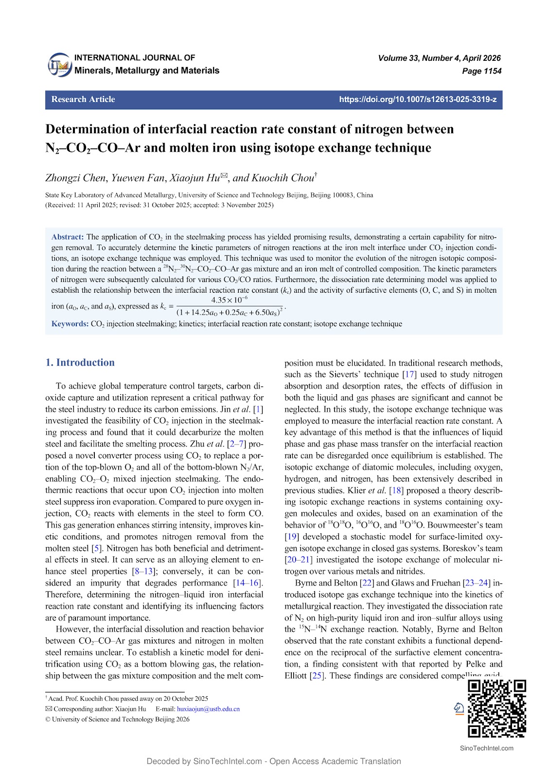 Determination of interfacial reaction rate constant of nitrogen between N2–CO2–CO–Ar and molten iron using isotope exchange technique
