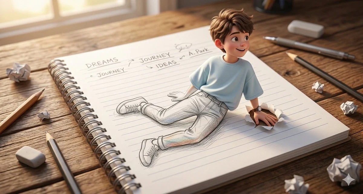 Arte digital 3D: Niño y niña emergiendo de un cuaderno