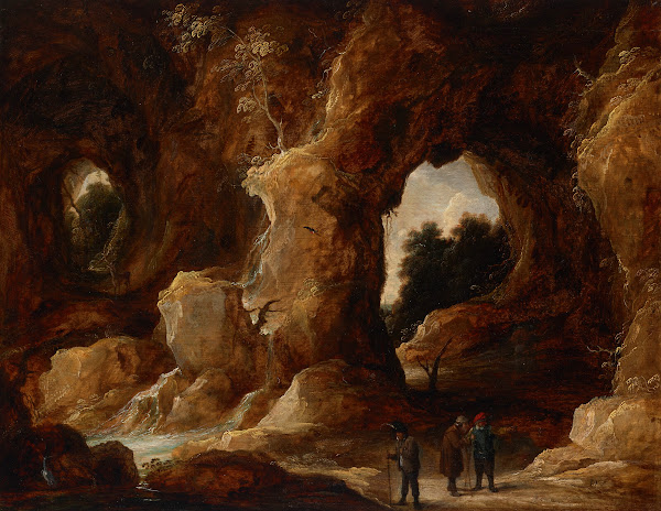 A grotto with figures a stag and stork