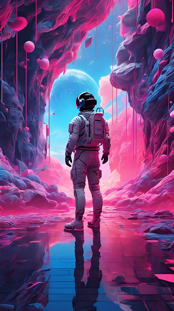 Astronaut on Neon Pink Alien Planet Looking at Blue World - Free mobile Wallpaper