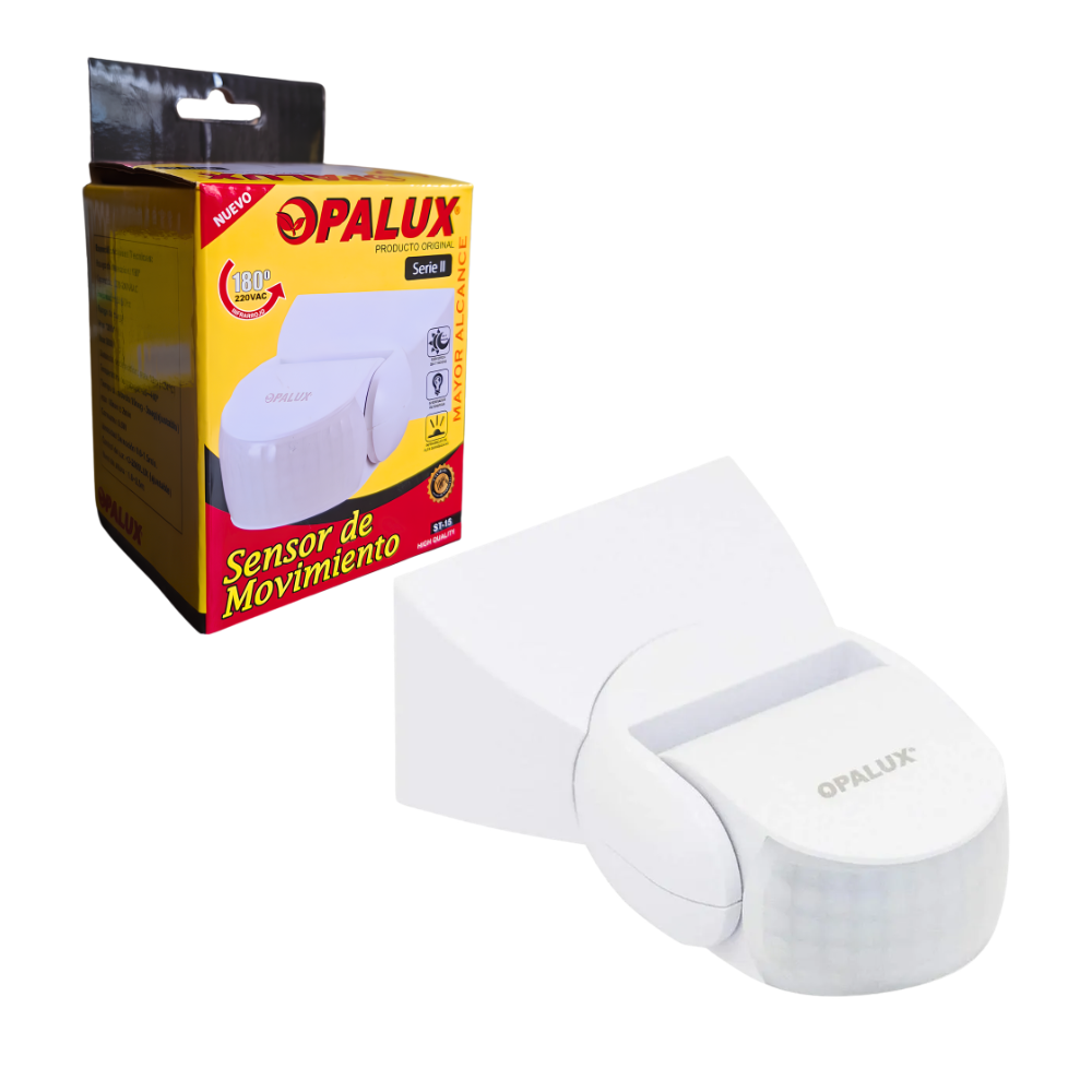 Sensor de Movimiento Infrarrojo Blanco de 12 Metros 180° con Control de Sensibilidad, Tiempo y Luz para Montaje en Pared Blanco Opalux ST-15