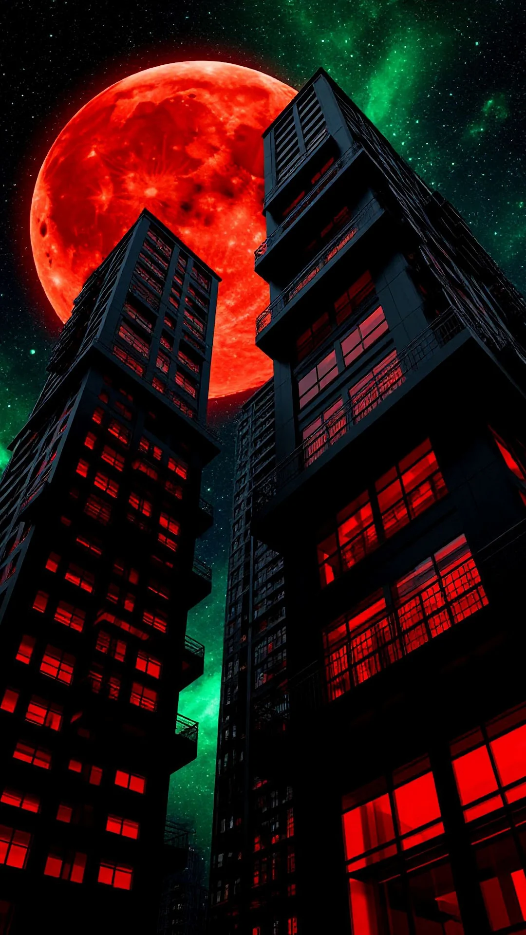 Blood Moon Over Neon City Skyscrapers and Green Nebula Sky - Free 4K mobile Wallpaper