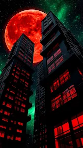 Blood Moon Over Neon City Skyscrapers and Green Nebula Sky