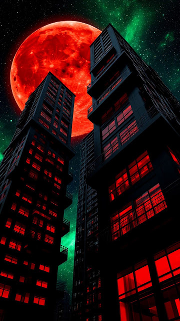 Blood Moon Over Neon City Skyscrapers and Green Nebula Sky - Free mobile Wallpaper
