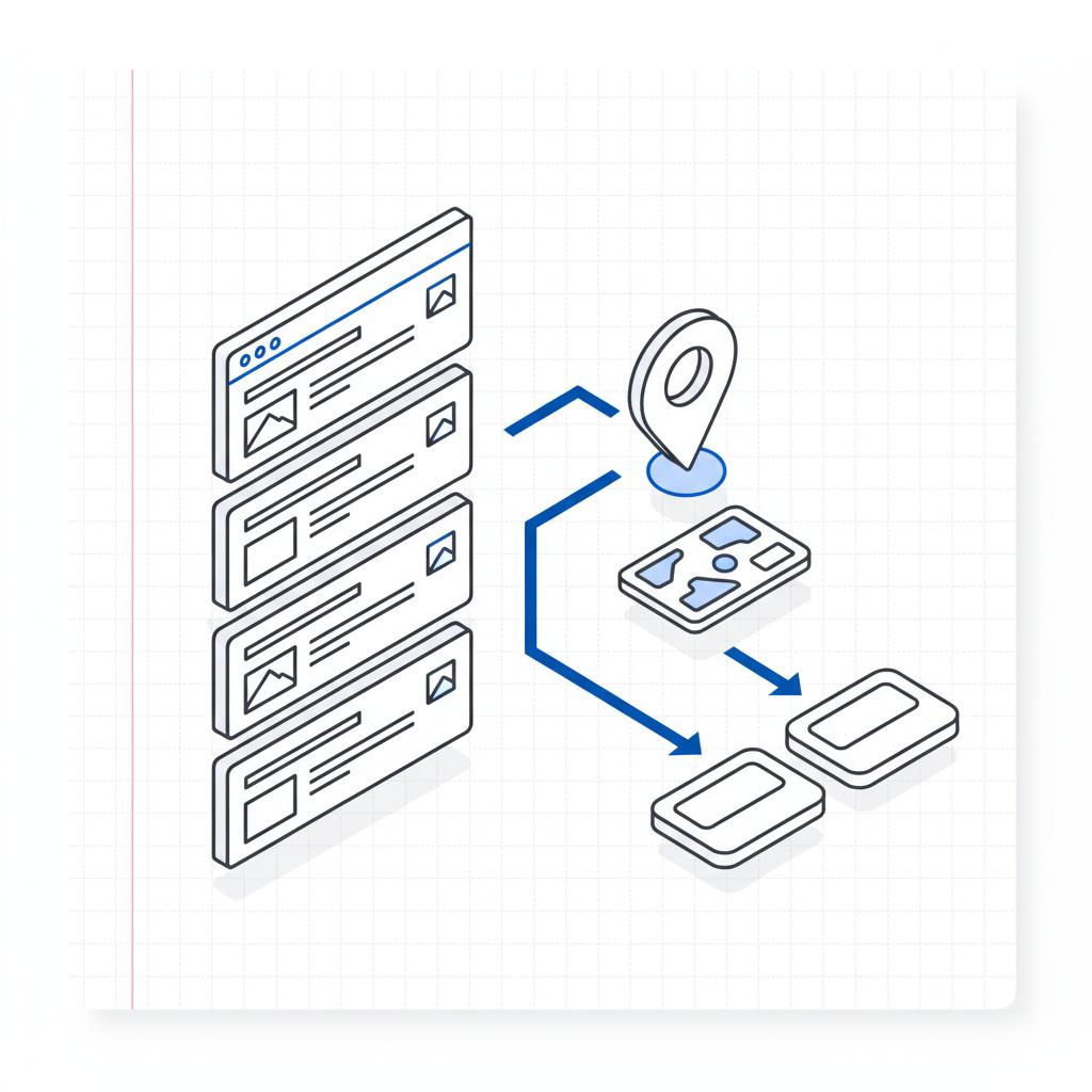 Isometric 2D vector dashboard with service page cards, a business location pin and arrows to external platform tiles representing Jobber and ServiceTitan integrations &mdash; website builder for contractors