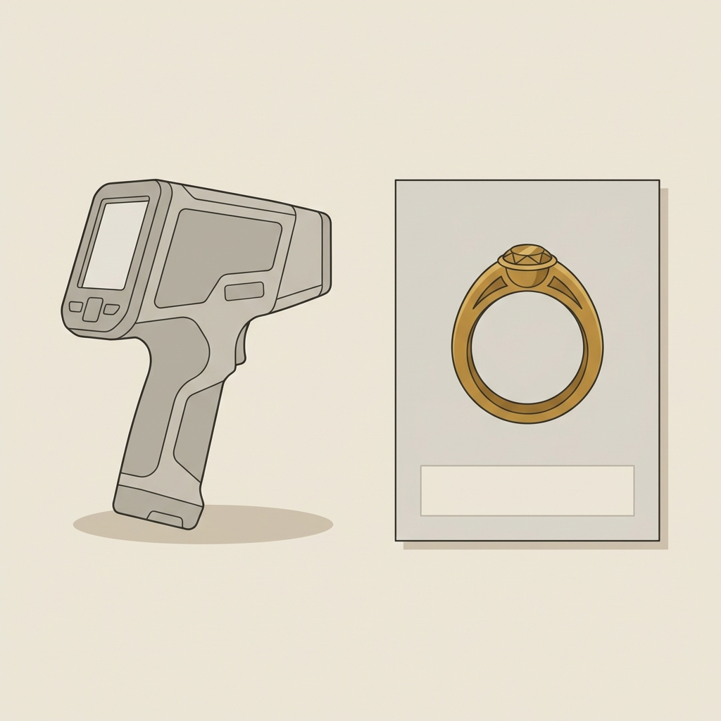 Minimalist 2D vector showing a portable XRF device beside a catalog image of a Roman ring romanjewelry on a soft beige Aurora Antiqua background
