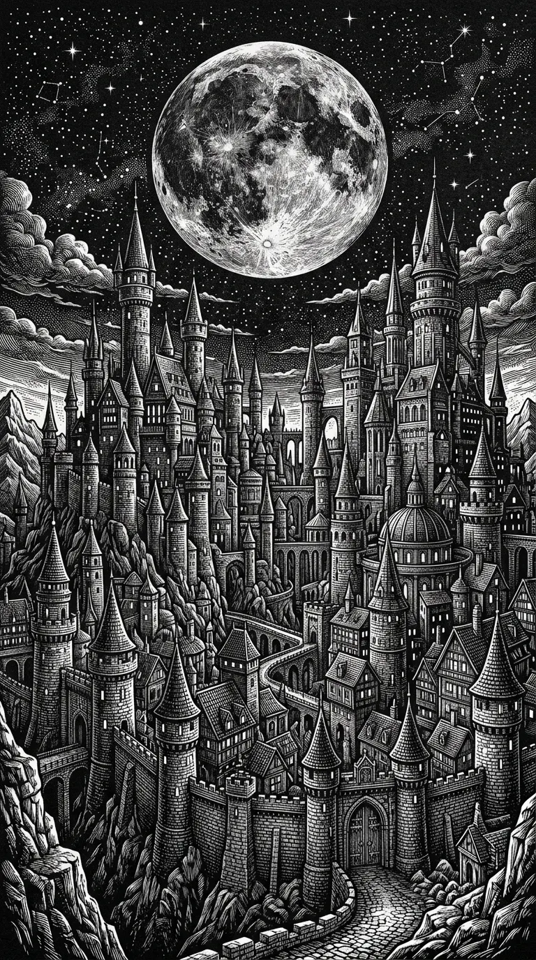 Illustration of a Fantasy Castle Town under a Large Full Moon - Free 4K mobile Wallpaper