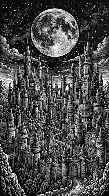 Illustration of a Fantasy Castle Town under a Large Full Moon - Free mobile Wallpaper