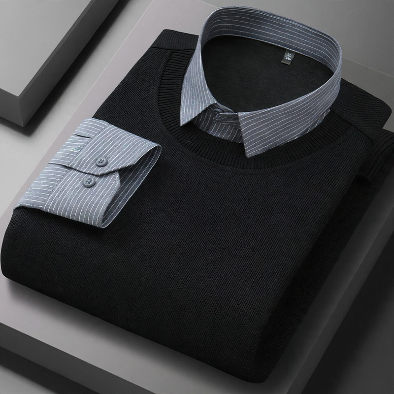 Men's knitted sweater in fake-layer look, warm lining