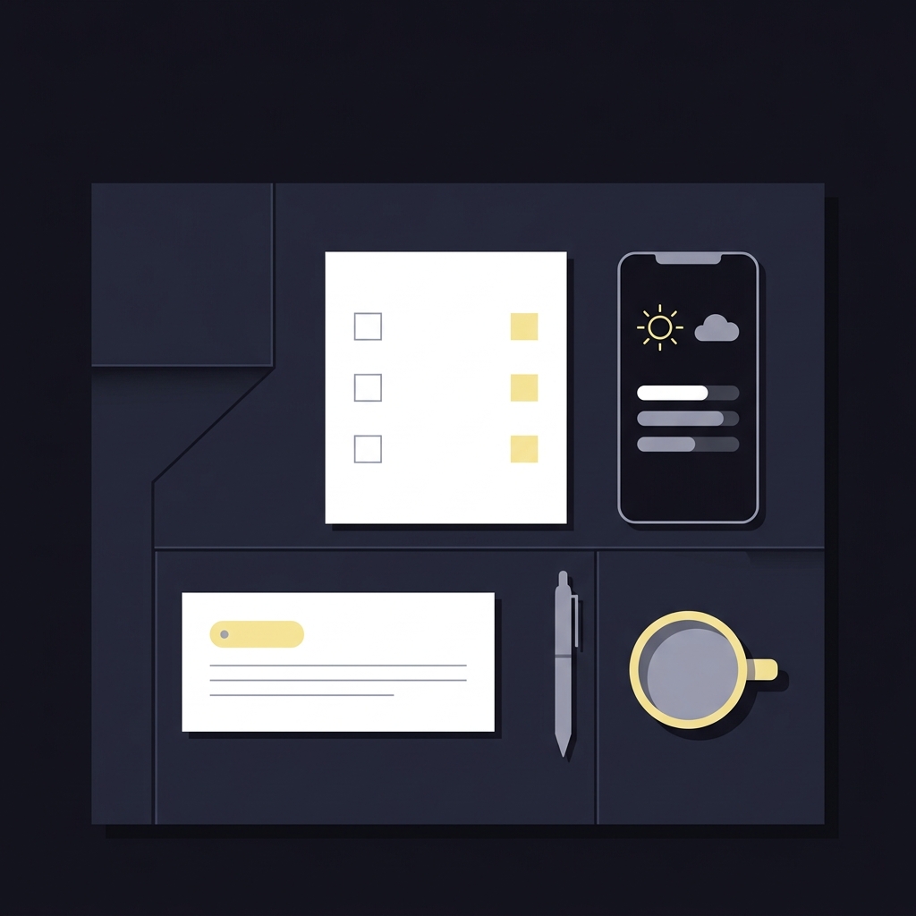 Minimalist 2D vector top down trader desk with checklist phone showing weather icons and a one page anti mistake plan in Funded Plays colors illustrating Common Golf Trading Mistakes
