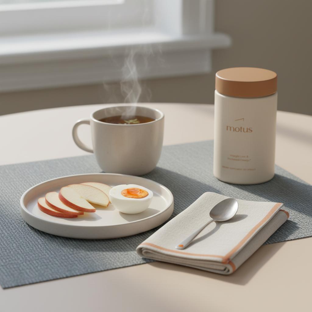Minimal kitchen table with boiled egg, apple slices, steaming herbal tea and Tonum Motus container in corner — a calm scene on how to lessen cravings
