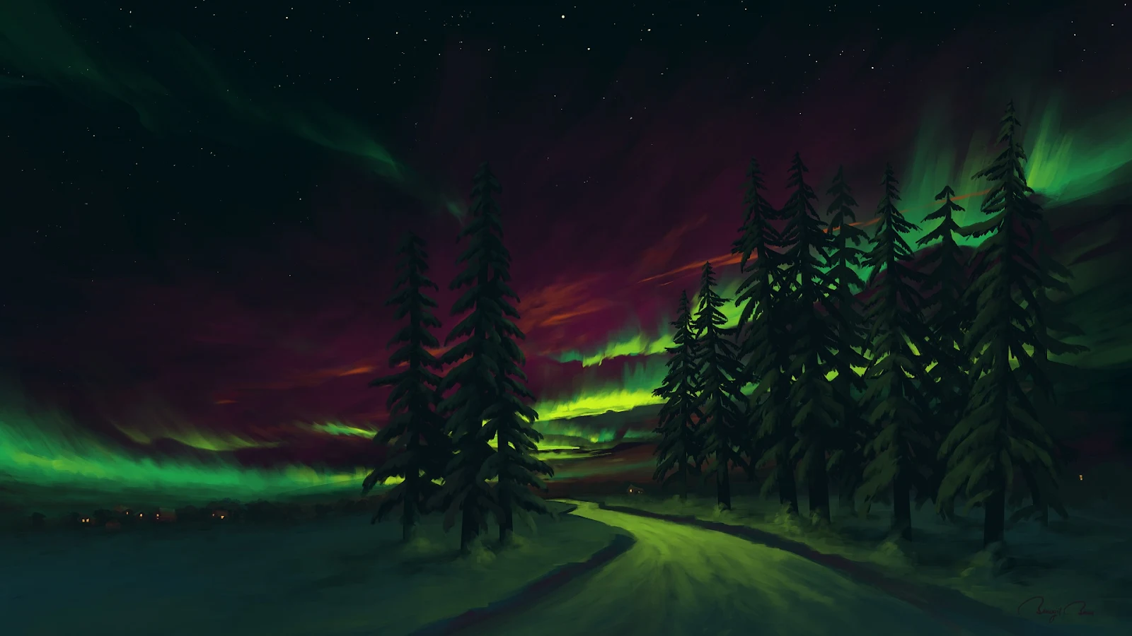Digital Art, Artwork, Pine Trees Full HD Desktop Wallpaper