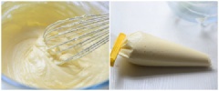 Làm nhân: cho 300g kem phô mai vào âu dùng phới lồng đánh bông mịn, thêm 410g đường bột và đánh đều cho tan. Sau đó cho 3 lòng đỏ trứng vào đánh đều lên rồi tây 15g bột mì vào trộn đều lên thành hỗn hợp kem mịn mượt, bông đều là được. Tiếp đó cho kem vào túi bắt kem và cho vào tủ lạnh. Vỏ bánh: bơ cắt miếng để mềm ở nhiệt độ phòng rồi cho vào âu cùng 110g đường bột,đánh cho hỗn hợp bông và trắng rồi cho 3 lòng đỏ trứng vào lần lượt. Đánh cho đến khi lòng đỏ tan hết rồi mới cho 3 lòng đỏ còn lại vào đánh lên.
