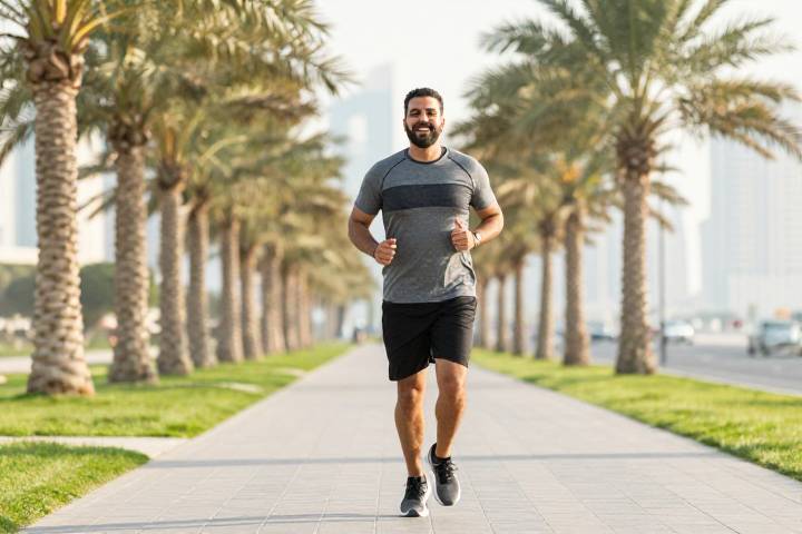 رجل ممارس للرياضة يتناول طعاماً صحياً ويمشي في حديقة مشمسة