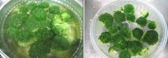 Bông cải xanh cắt lấy phần bông, bỏ cuống, chần sơ qua nước sôi rồi vớt ra, để ráo. Thơm cắt bỏ mắt, cắt thành hạt lựu.
