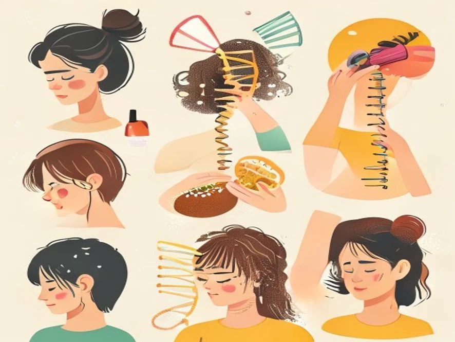 스트레스, 유전, 영양 불균형 등 다양한 탈모 원인과 올바른 두피 관리(샴푸 마사지) 방법을 보여주는 인포그래픽 이미지.