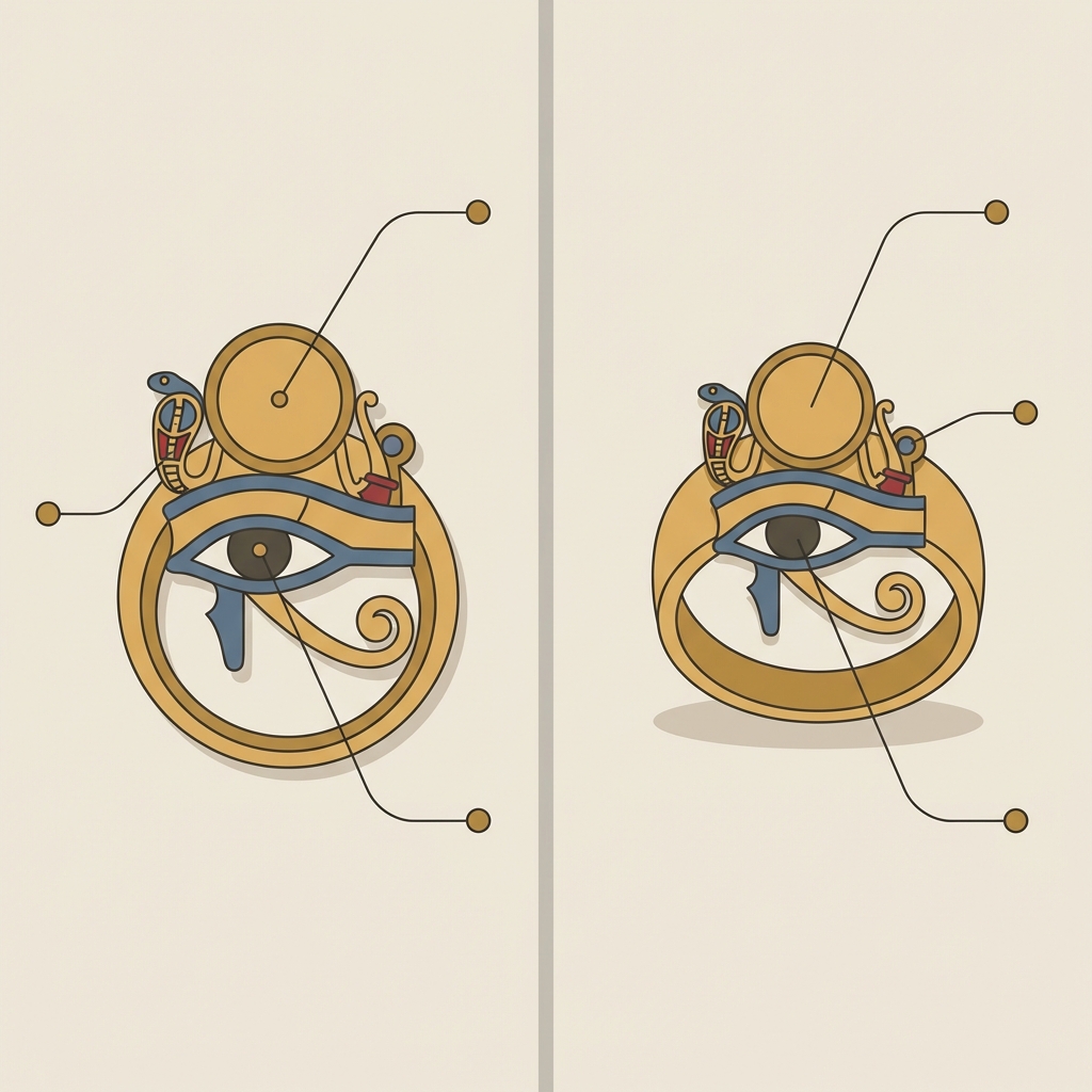 Minimalist vector comparison panel showing museum amulet and matching private listing highlighting solar disk uraeus and wedjat elements eye of ra ring