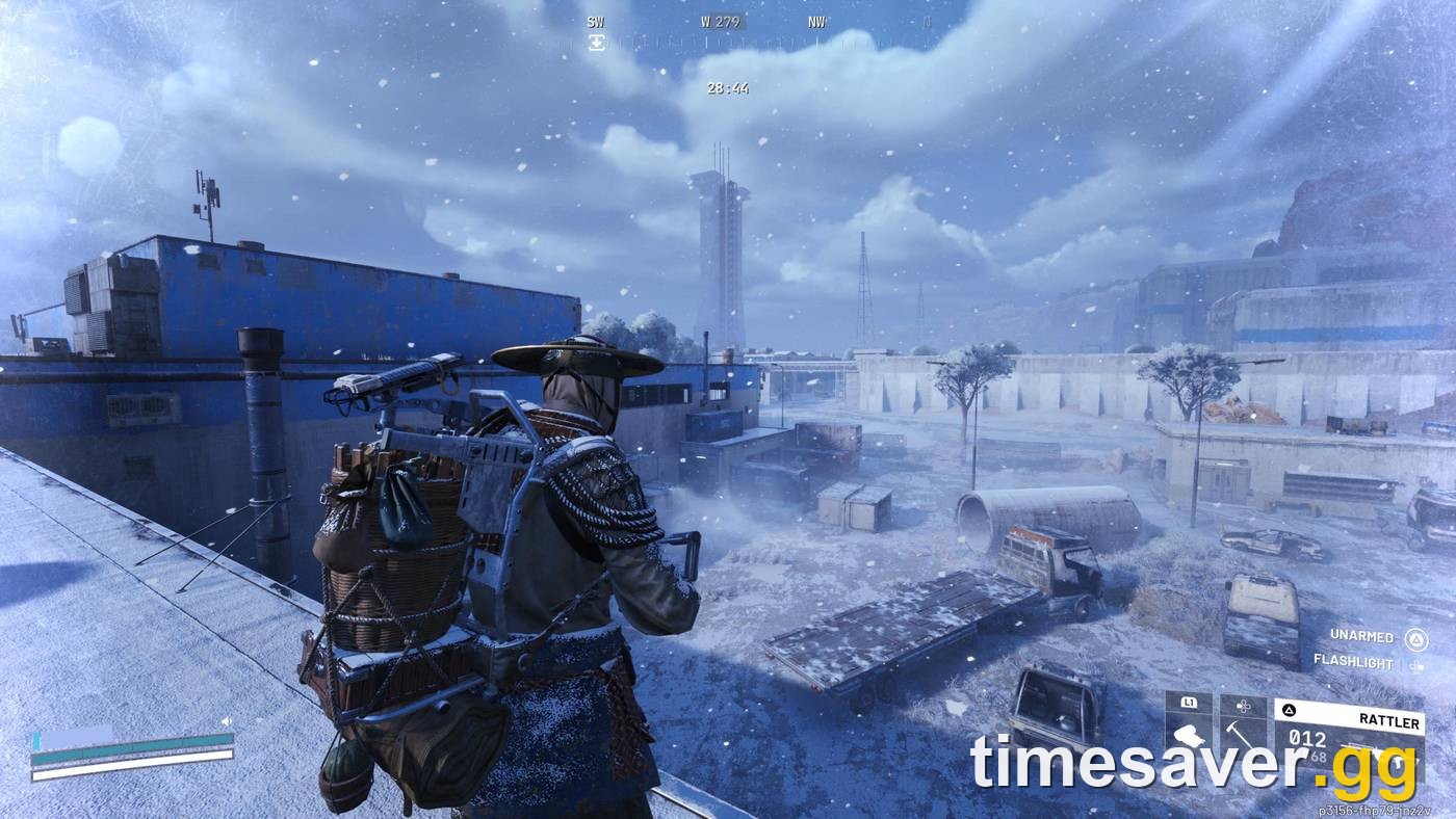 ARC Raider overlooking a snowy Rust Belt in ARC Raiders during the Cold Snap winter condition
