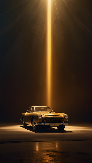 Golden Classic Car Under Dramatic Spotlight Beam - Free mobile Wallpaper