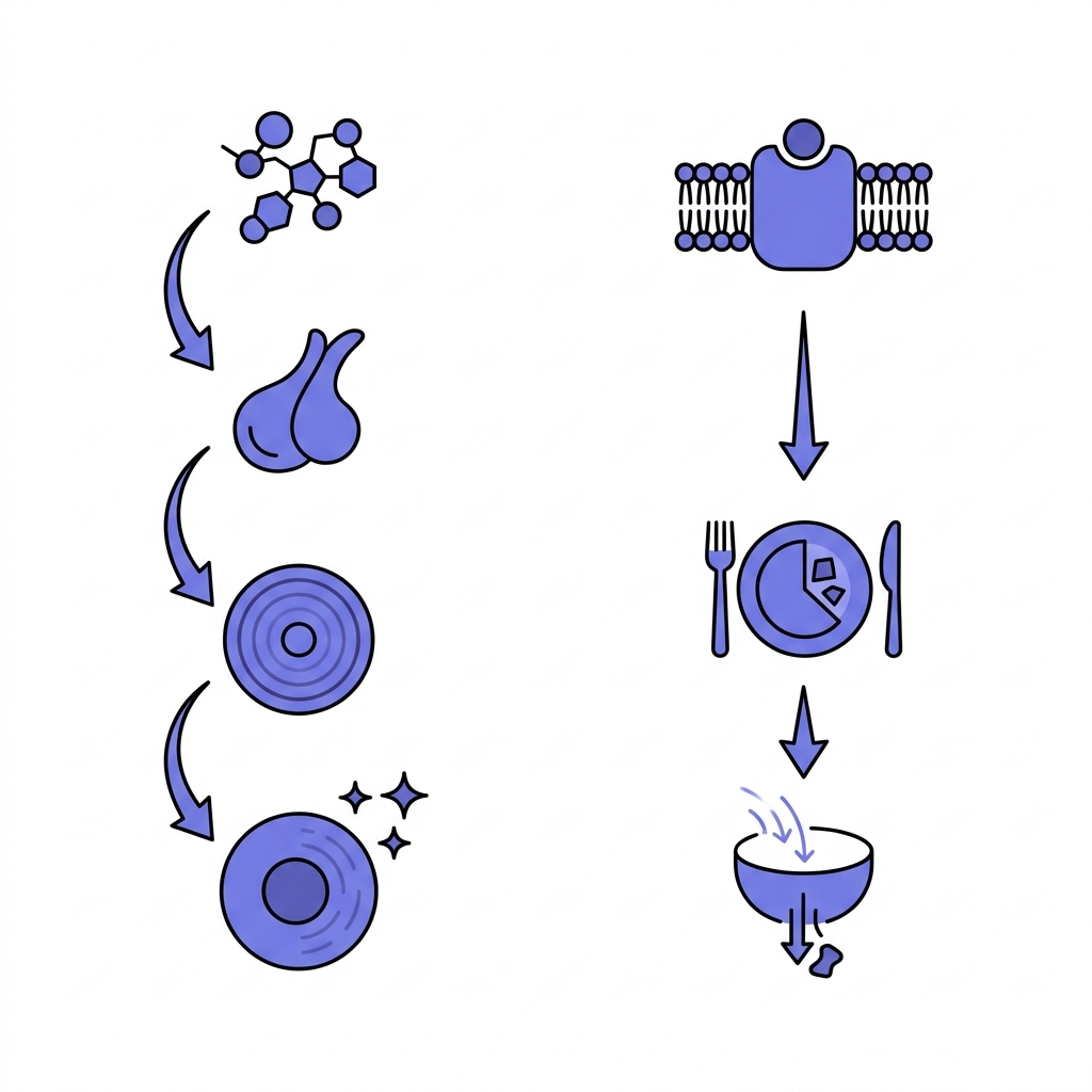 Minimalist 2D vector infographic showing sermorelin related GHRH to GH to IGF 1 pathway beside GLP 1 receptor pathway with appetite reduction and faster gastric emptying icons in Peptide World colors