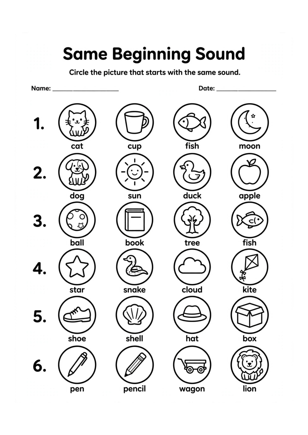 Circle the Picture With the Same Beginning Sound Worksheet