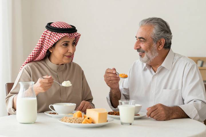 وجبة صحية متوازنة لكبار السن تحتوي على الحليب والجبن