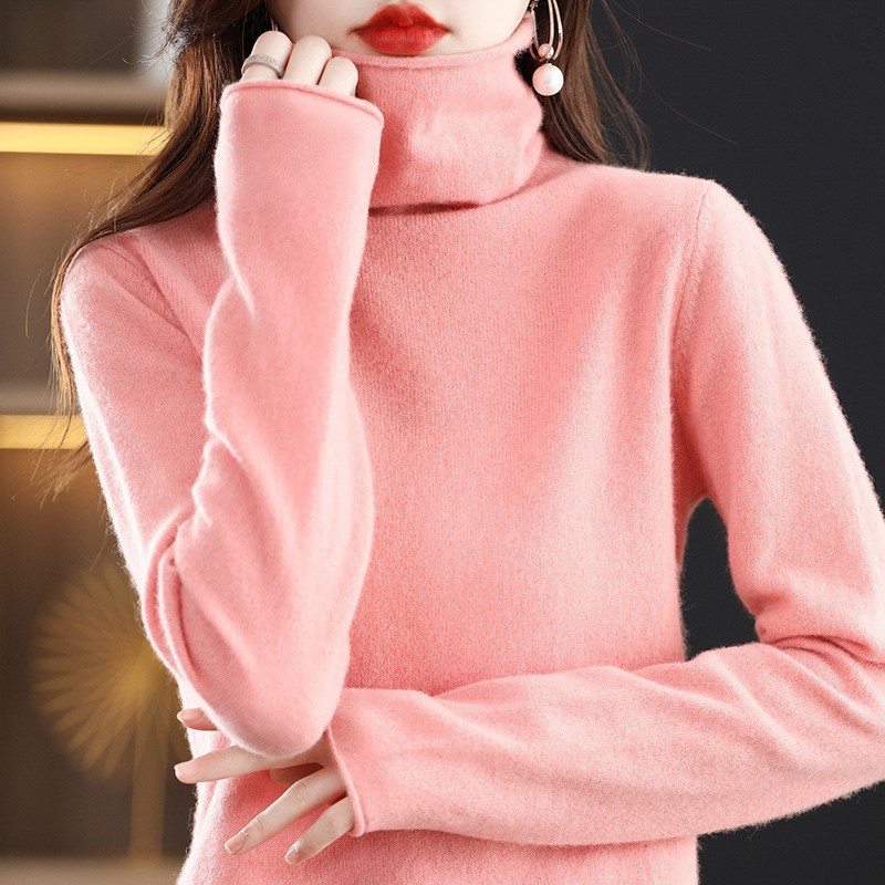 Women's wool sweater with a high collar made from pure wool