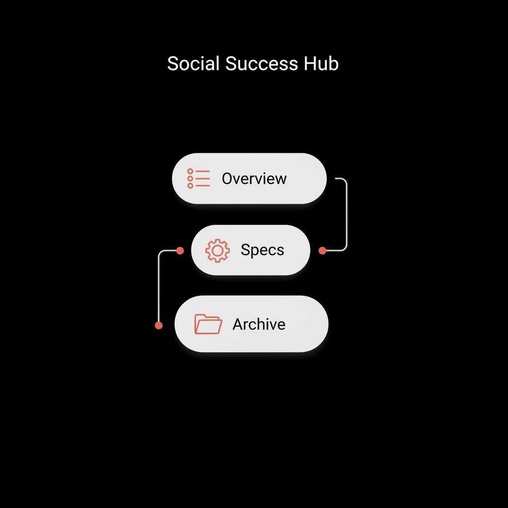 Minimalist three-level nested infographic showing Overview → Specs → Archive hierarchy with arrows and small vector icons, using Social Success Hub brand colors, wiki subpage tutorial.
