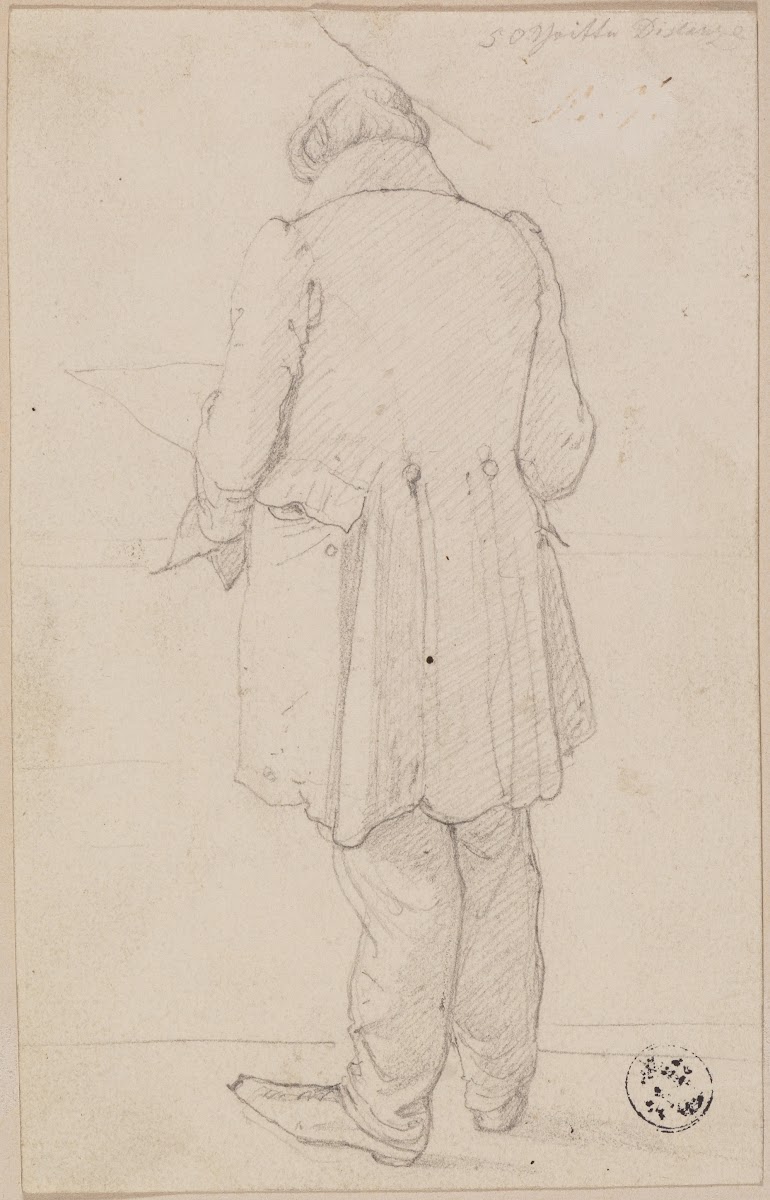 Männliche Rückenfigur im Gehrock lesend 1827 1829