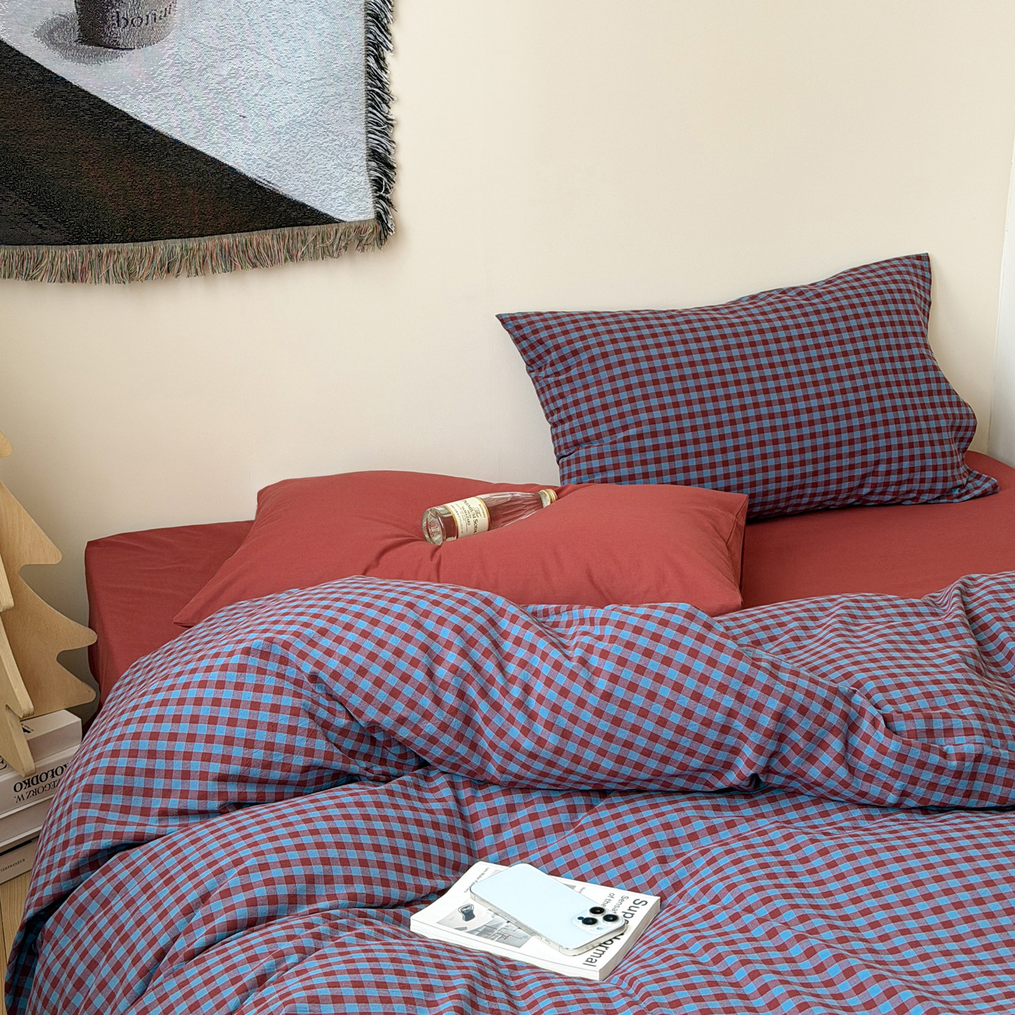 Water-washed cotton bed linen, 4-piece, check