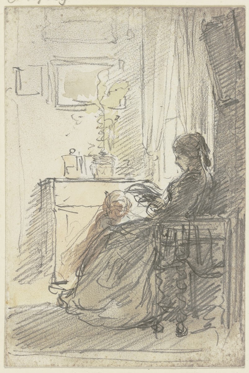 Frau mit einem Buch am Fenster sitzend