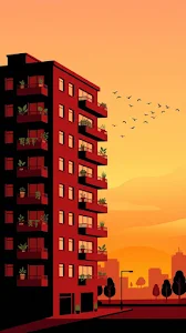 Graphic Illustration of a Red Apartment Building Silhouette at Sunset
