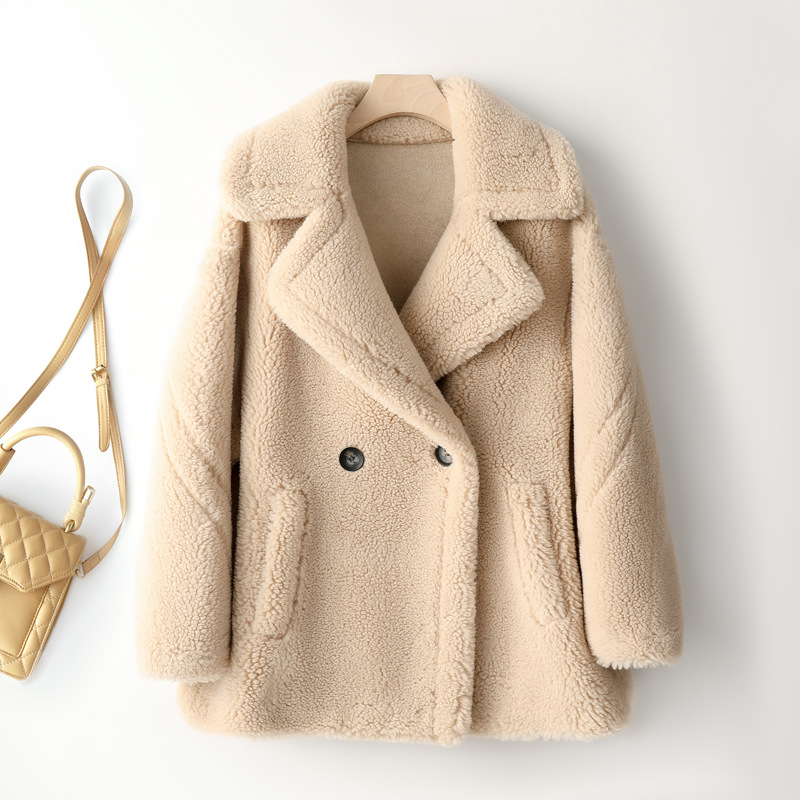 Women's Lambskin Imitation Coat, Mid-Length, Teddy Look