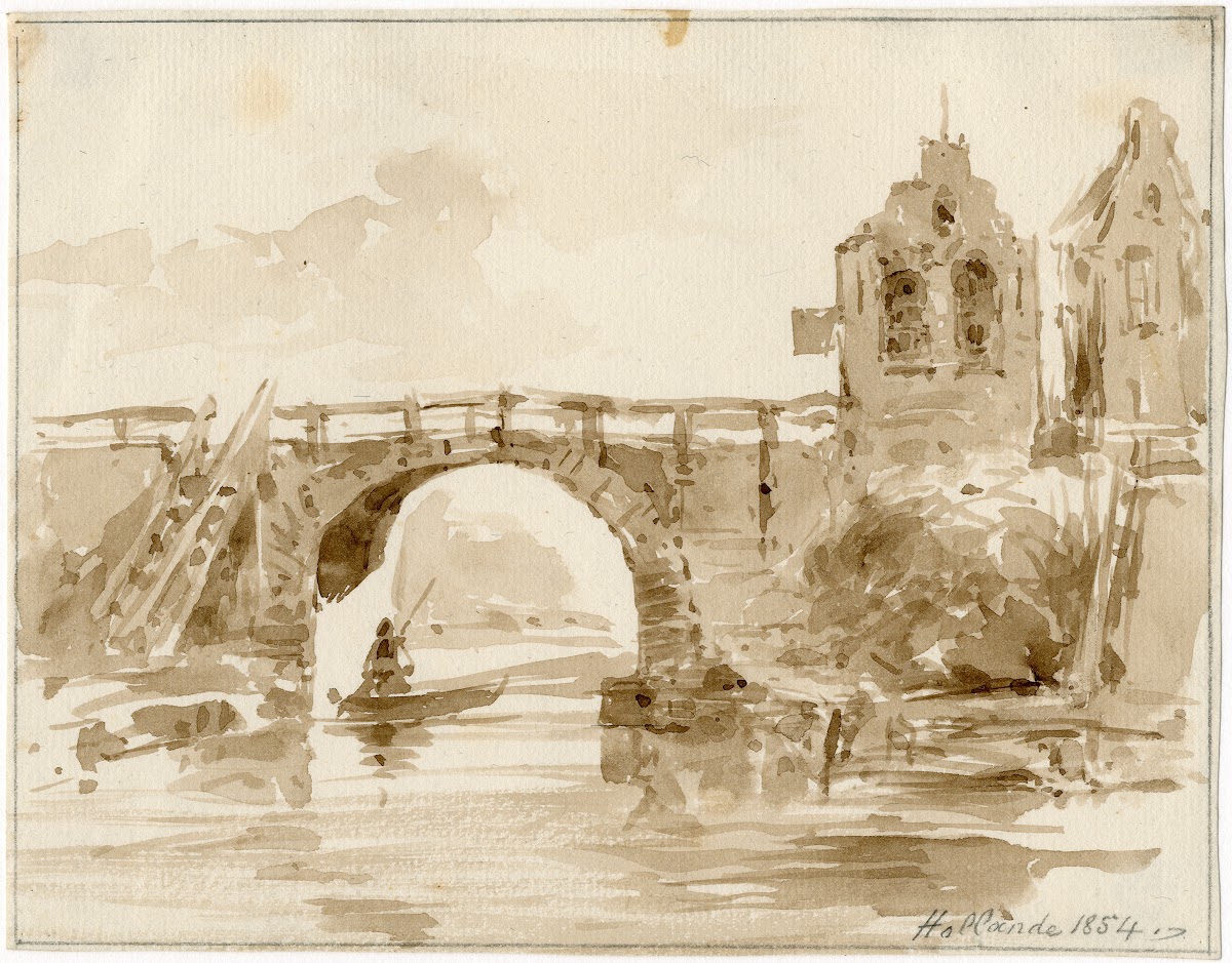 Brug in dijk en enkele huisjes 1854