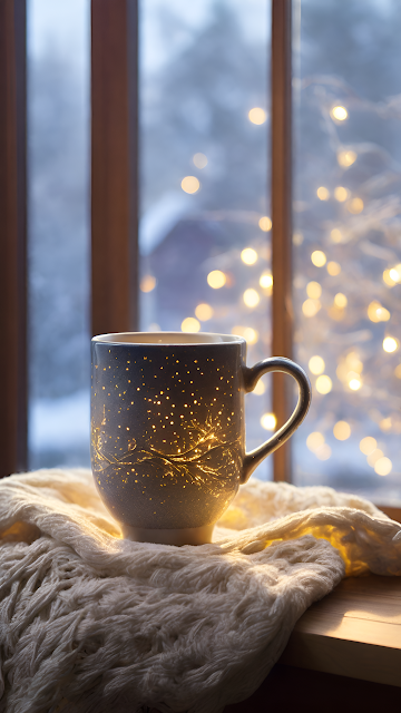 Cozy Mug with Fairy Lights on Window Sill Winter Bokeh - Free mobile Wallpaper