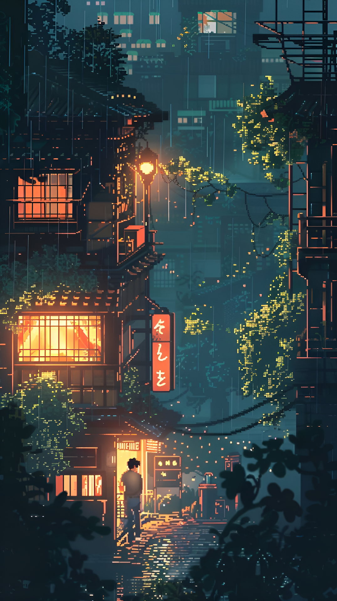Lofi Pixel Art Rainy Japanese Alleyway with Warm Window Glow - Free 4K mobile Wallpaper